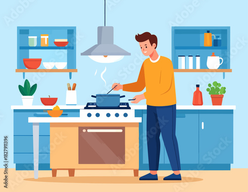 Man cooking in a modern kitchen, stirring a pot on the stove with steam rising, surrounded by cabinets and kitchenware.
