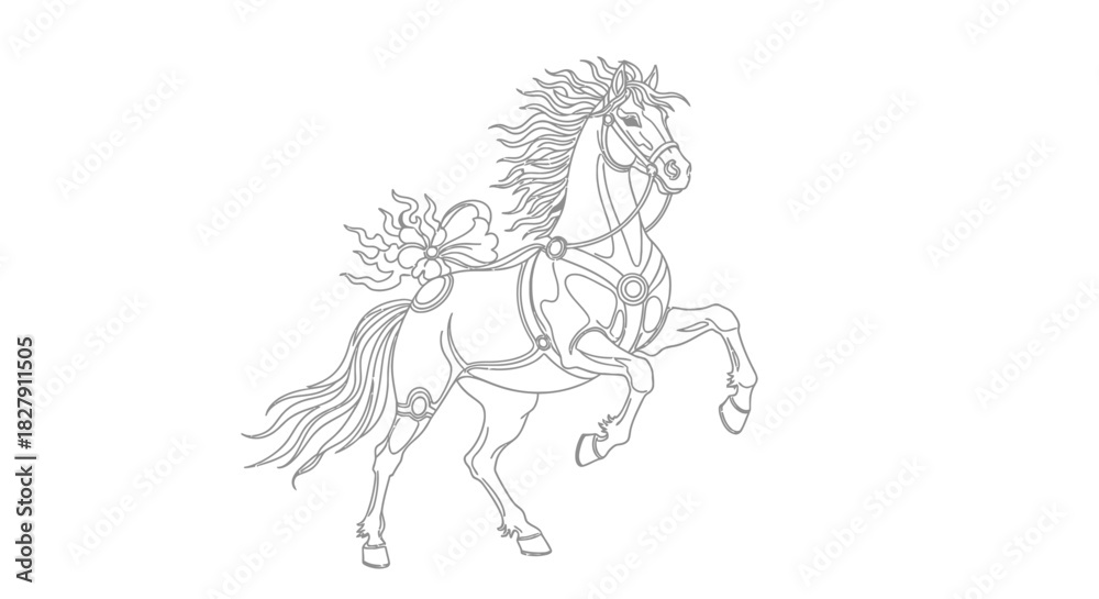 Fototapeta premium Majestic horse captured in a dynamic rearing stance, showcasing powerful equine grace and freedom through intricate line art illustration, embodying strength and spirited movement