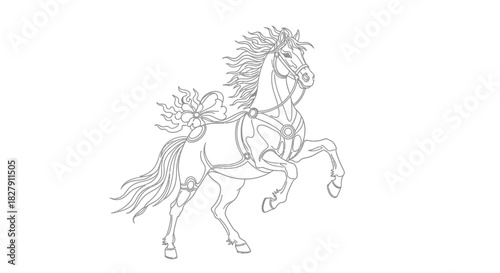 Majestic horse captured in a dynamic rearing stance, showcasing powerful equine grace and freedom through intricate line art illustration, embodying strength and spirited movement
