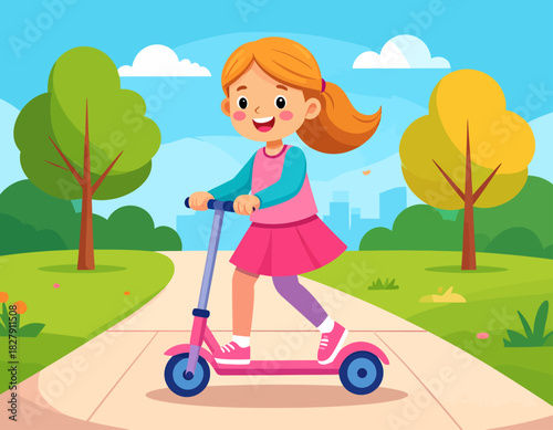 A cheerful girl with red hair rides a pink scooter down a path in a park on a sunny day.
