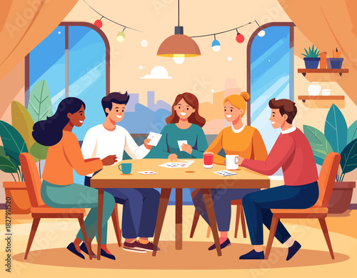 Five friends are sitting around a table playing cards, drinking, and enjoying each other's company in a cozy, brightly lit room.