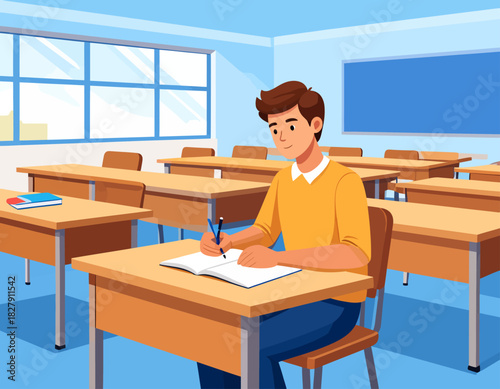 A student sits at a desk in a classroom, writing in a notebook with a pen, surrounded by empty desks and a blackboard.