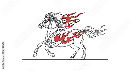 Dynamic black and white line art illustration of a powerful fiery stallion with red flames. This mythical horse concept symbolizes untamed energy, passion, and speed