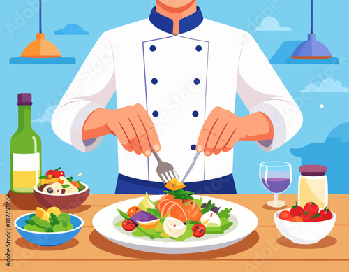 Chef preparing a gourmet salad with salmon, using a fork and knife, surrounded by various side dishes on a wooden counter.