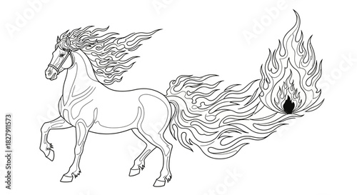 A beautifully detailed line art illustration of a mythical fiery stallion, its mane and tail transformed into blazing flames, isolated on a white background