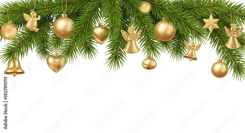 Naklejka premium Festive Christmas tree branches adorned with golden ornaments and festive decorations on a white background