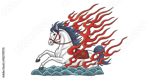 Dynamic illustration of a mythical white horse with a mane and tail of brilliant red flames, galloping over stylized blue ocean waves in a traditional Asian art style
