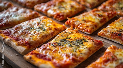 Close-up of many rectangular slices of pizza