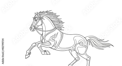 Elegant black and white line art illustration of a majestic prancing horse with a flowing mane, perfect for a coloring book page or a classic equestrian design
