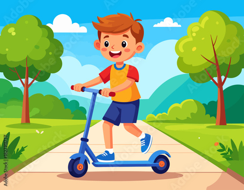 A cheerful young boy rides a blue scooter down a path in a park on a sunny day, surrounded by green trees and bushes.