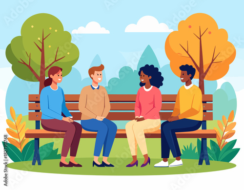 Four diverse friends sit and talk on a park bench under trees with autumn foliage, enjoying a pleasant day.