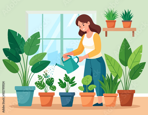 A woman is watering potted plants inside a room with a window, showcasing her indoor gardening hobby.