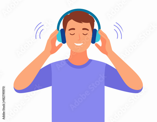 Man with closed eyes enjoying music through blue headphones, holding earcups with both hands.