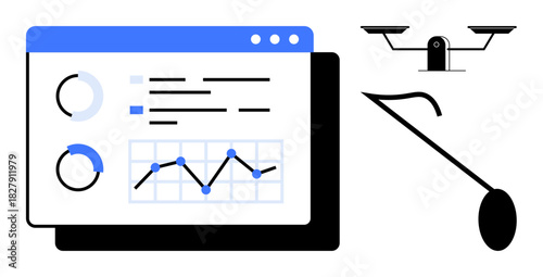 Analytical dashboard displaying graphs, charts, balance scales, and lever symbolizing decision-making, data management, insight, productivity, strategy. Ideal for analysis equity planning justice