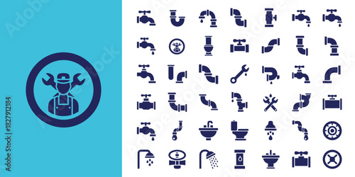 A comprehensive collection of flat vector icons for plumbing services and water supply systems