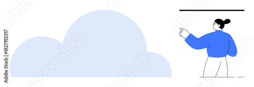 Person gestures towards a large cloud, symbolizing cloud computing and data storage. Ideal for digital transformation, cloud services, teamwork, innovation, simplicity, communication, online tools