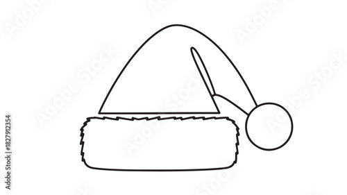 A simple black and white line drawing depicts a classic santa claus hat with a fluffy brim and pompom