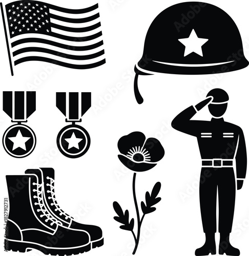 American flag soldier medals boots helmet and poppy