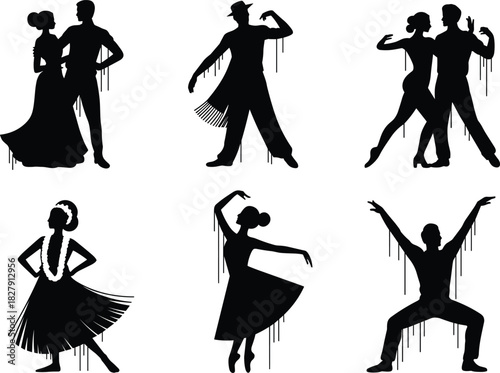 Urban Street Dance and Performance Silhouettes Vector Pack with Unique Black Drip Effect, Highlighting Freedom and Artistic Expression.