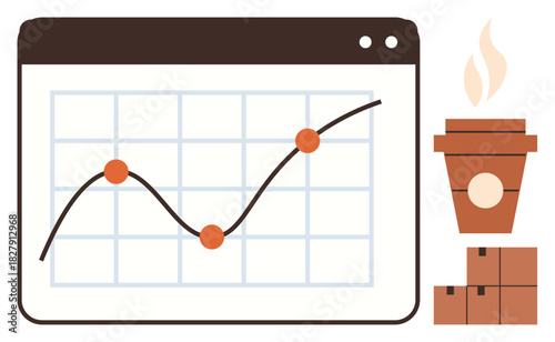 Digital graph tracking upward trend alongside takeaway coffee cup and stacked boxes. Ideal for business growth, productivity, analytics, trade, logistics, e-commerce, motivation, simple flat metaphor