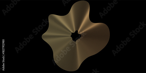 Abstract circle wave lines, gradient light equalizer gold wavy curve. Round frame in luxury golden color isolated on black background. Editable stroke. Vector illustration with copy space