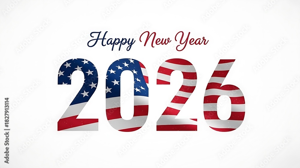 Obraz premium Happy new year 2026 greeting, numbers in distressed american flag pattern, celebrating patriotism and the upcoming year, isolated on white background