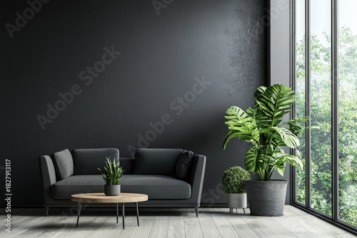 Modern minimalist living room with a dark textured wall, black sofa, wooden coffee table and large indoor plants beside tall windows, idea for interior design visuals and home decor presentations