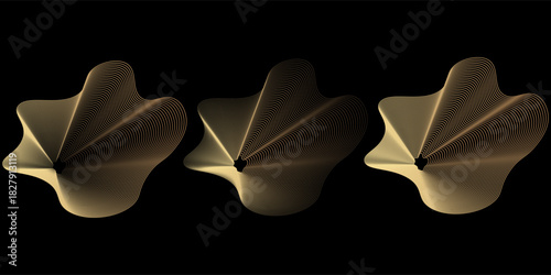Abstract circle wave lines, gradient light equalizer gold wavy curve. Round frame in luxury golden color isolated on black background. Editable stroke. Vector illustration with copy space
