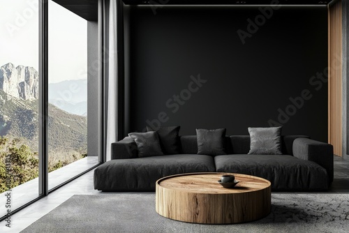 Modern minimalist living room with dark wall, low grey sofa, charcoal cushions and round wooden coffee table beside large windows, idea for interior design visuals and home decor presentations