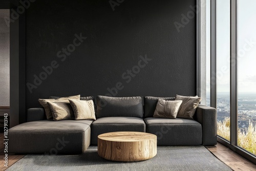 Modern minimalist living room with dark wall, large grey sectional sofa, neutral cushions and round wooden coffee table beside tall windows, idea for interior design visuals and home decor