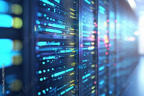 Close-up of glowing blue server racks with vibrant data streaks in a modern IT data center, idea for digital infrastructure visuals and technology network presentations