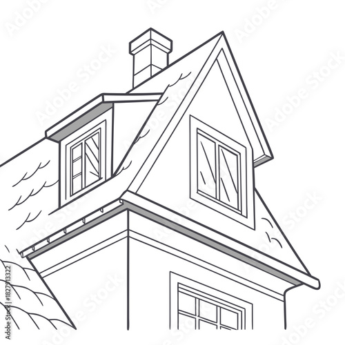Architectural drawing of a house roof with dormer windows and chimney