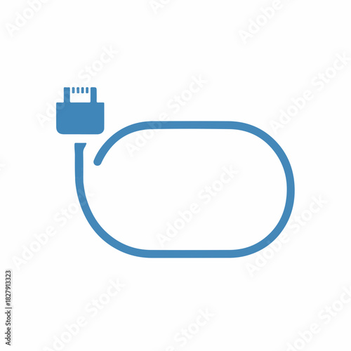 Blue communication cable on white backdrop for connection of devices. Communication cable showing cord and plug, symbol for networking and data transfer.