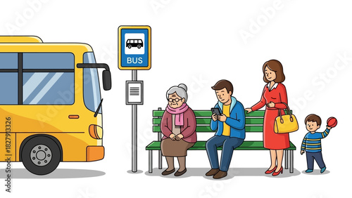 Waiting for the Bus Family at the Bus Stop Illustration
