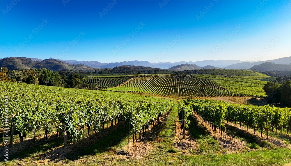 Fototapeta premium Vibrant Lush Vineyard With Evenly Spaced Rows Of Grapevines Stretching Towards Distant Rolling Hills And Mountains Under Clear Blue Sky Du Daytime