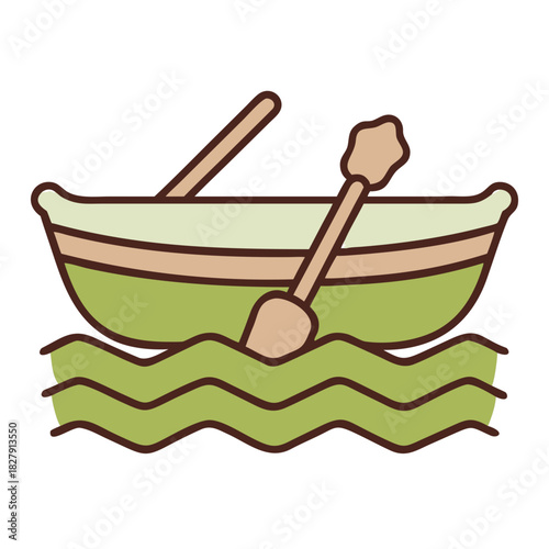 Green rowboat with oars floating on wavy water