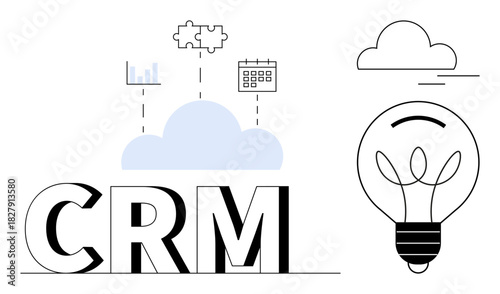 CRM letters with cloud connection, bar graph, puzzle, calendar, and lightbulb. Ideal for teamwork, innovation, cloud management, business strategy data analysis productivity simple flat metaphor