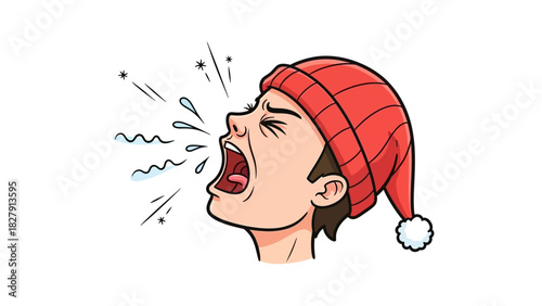 Sick person in a red winter cap sneezing due to flu, cold, or allergy, showing droplet spread in a cartoon style