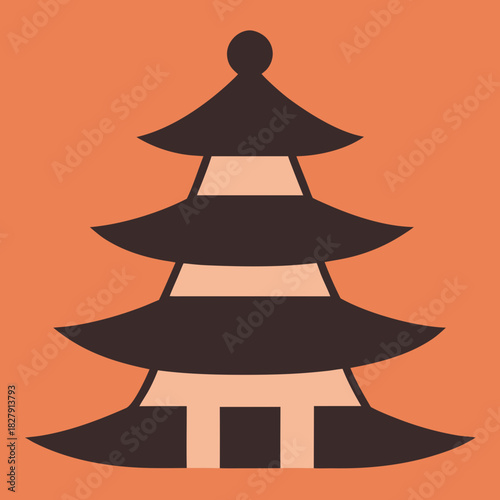 Stylized japanese pagoda architecture on orange background