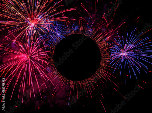 Vibrant Multicolor Fireworks Ring Illuminating Central Clean Copy Zone