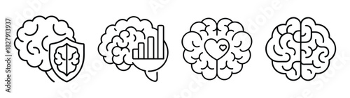 Brain health mental wellness concept illustration with analysis protection and love icons line art