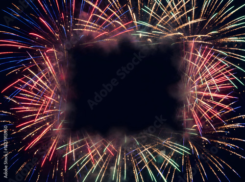 Vibrant Fireworks Frame Surrounding Smoky Middle Text Area