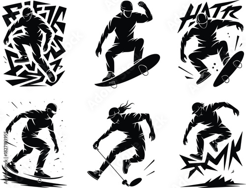 Dynamic Skateboarder and Surfer Action Silhouettes Vector Set with Urban Graffiti Elements and High-Contrast Black and White Extreme Sports Style.