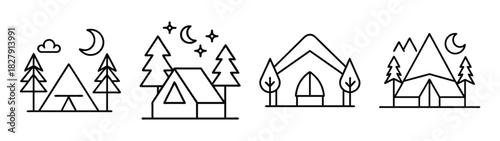 Camping tents in nature with trees moon and stars outdoor adventure travel vector line art design