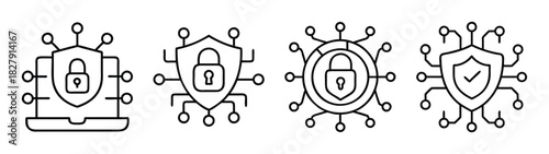 Cyber security icons set with lock and shield for data protection and network safety design
