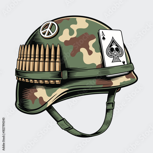 Camouflage helmet with bullets peace sign and ace of spades