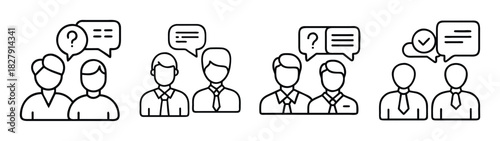 Business communication discussion teamwork brainstorming concept with speech bubbles outline vector illustration