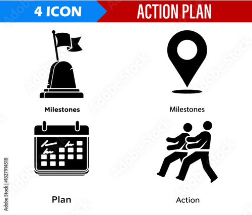 Illustration showing four icons representing milestones, plan, action, and location on a white background