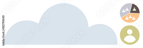 Cloud in soft blue with icons of people, teamwork pie chart, and singular user profile. Ideal for cloud computing, data communication, collaboration, network security, digital transformation