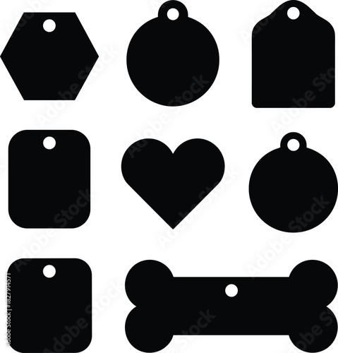 Collection of black pet tags and labels on white background